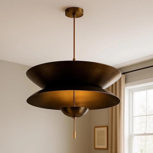 Handmade Brass Triple Pendant Chandelier, Mid-Century Modern Light Fixture