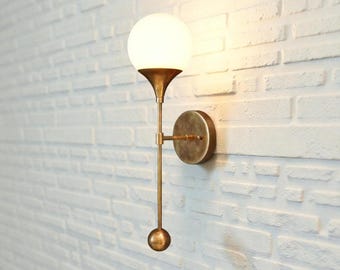 Modern Brass Trumpet Sconce | Mid Century Glass Globe Light for Hallway & Entrance