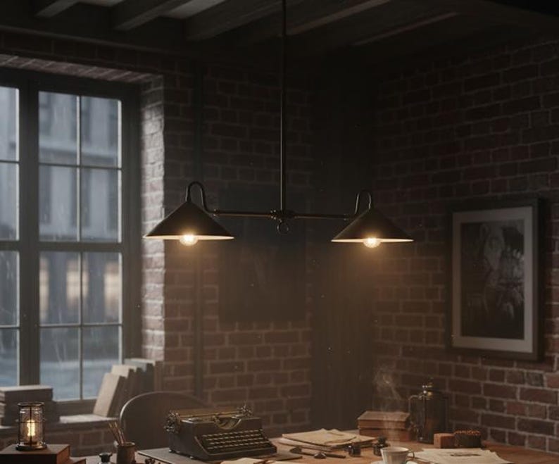 May include: A black, industrial-style pendant light fixture with two cone-shaped shades illuminates a vintage office space. The fixture hangs above a wooden desk with a typewriter, papers, and a framed picture against a brick wall. The room is lit by natural light from a large window.