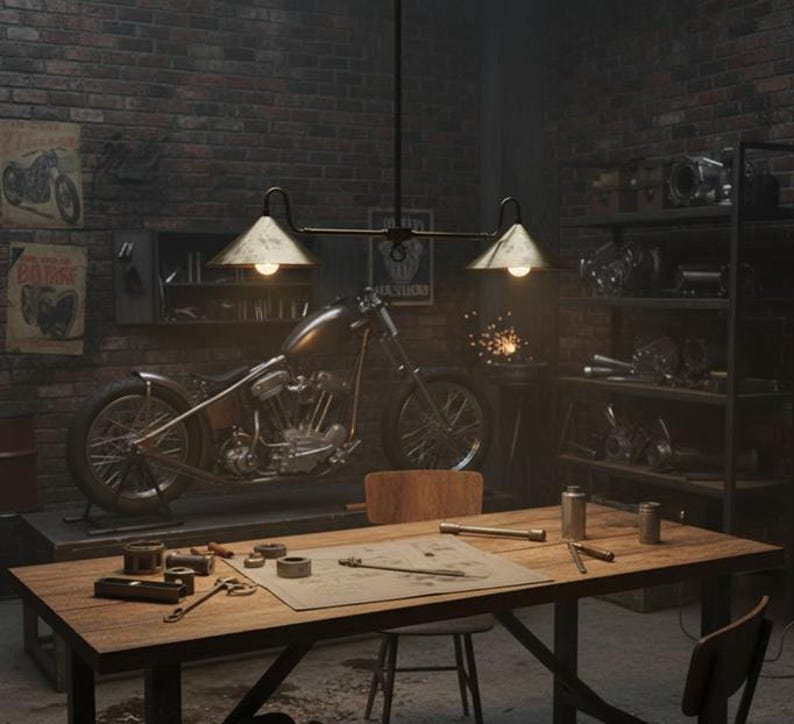 May include: A vintage motorcycle shop interior with a custom motorcycle on a lift. A wooden table displays tools and blueprints under a dual-lamp fixture. The brick wall features vintage posters and a metal shelf with parts.