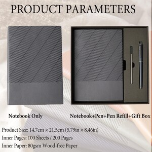 May include: A gray notebook with diagonal lines and a solid gray bottom section. The notebook is shown alone and also with a pen, pen refill, and gift box. The product size is 5.79 inches x 8.46 inches. The inner pages are 100 sheets of 80gsm wood-free paper.