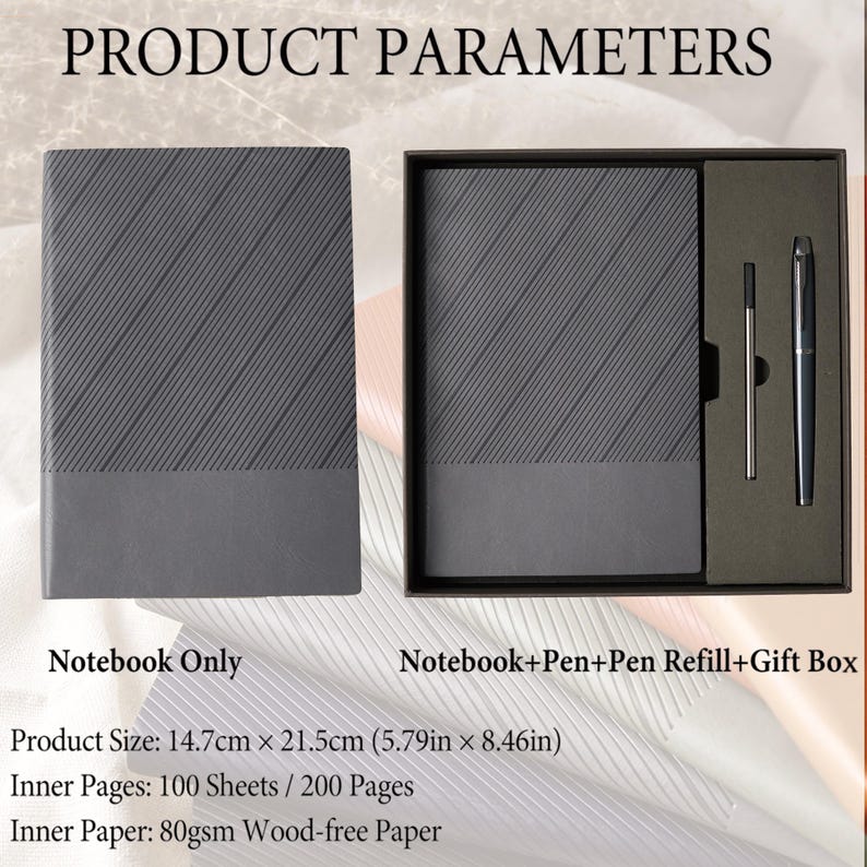 May include: A gray notebook with diagonal lines and a solid gray bottom section. The notebook is shown alone and also with a pen, pen refill, and gift box. The product size is 5.79 inches x 8.46 inches. The inner pages are 100 sheets of 80gsm wood-free paper.