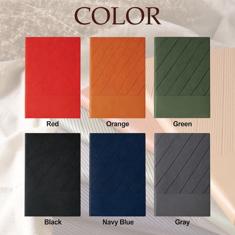 May include: A collection of six notebooks in various colors: red, orange, green, black, navy blue, and gray. Each notebook has a textured diagonal stripe pattern on the top half and a solid color on the bottom half. The word "COLOR" is at the top.