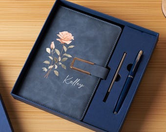Personalized Journal with Pen Gift Set | Birth Month Flower Notebook | Custom Name Leather Journal | Birthday Gift for Her | Bridesmaid Gift