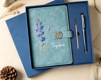 Personalized Name Leather Journal Set, Birth Flower Printed Notebook & Pen, Deluxe Stationery Gift Box, Custom Thoughtful Keepsake Gift
