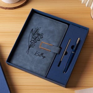 Custom Leather Journal Set, Personalized Notebook with Pen, Birth Month Flower Gift, Birthday Gift for Her, Customized Stationery Box.