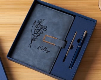 Custom Leather Journal Set, Personalized Notebook with Pen, Birth Month Flower Gift, Birthday Gift for Her, Customized Stationery Box.