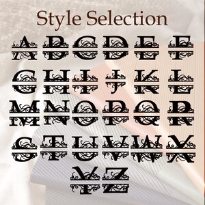 May include: A selection of black, split-letter monograms, each with a decorative flourish design. The letters A through Z are displayed, with the text "Style Selection" at the top. The monograms are set against a neutral background.