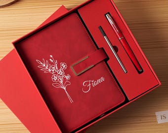 Personalized Leather Journal Set, Birth Month Flower, Luxury Pen