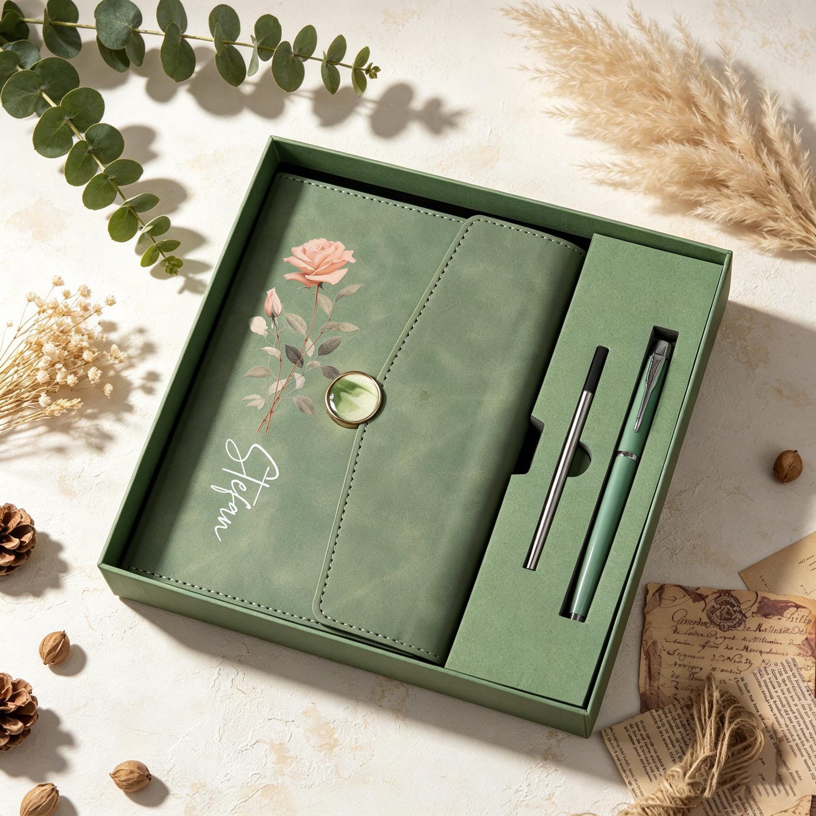Personalized Floral Leather Notebook Set, Custom Name Journal with Pen, Birth Flower Gift, All Occasion Stationery Gift Box