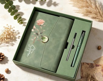 Personalized Floral Leather Notebook Set, Custom Name Journal with Pen, Birth Flower Gift, All Occasion Stationery Gift Box