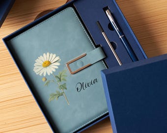 Personalized Journal with Pen Gift Set | Birth Month Flower Notebook | Custom Name Leather Journal | Birthday Gift for Her | Bridesmaid Gift