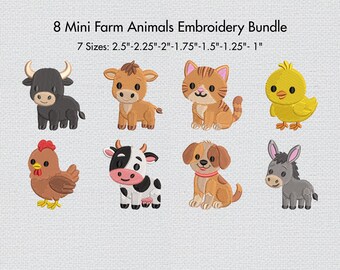 Farm Animals Embroidery Bundle Mini Cow Dog Cat Chicken Donkey Cute Baby Animals Farm Machine Embroidery Designs Set 7 Size Digital Download