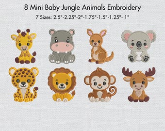 8 Mini Jungle Animals Embroidery Bundle of 8 Cute Baby Safari Animals Embroidery Baby Embroidery Forest Animal embroidery 7 Size