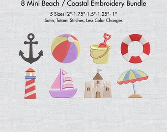 Beach Embroidery Designs Bundle, Nautical Summer Icons Machine Embroidery Files, Anchor Lighthouse Sailboat Coastal Embroidery Set 5 Size