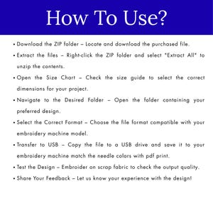 Puede incluir: Un gr&aacute;fico azul con texto blanco que dice "How To Use?" (&iquest;C&oacute;mo usar?) seguido de instrucciones para proyectos de bordado. Las instrucciones incluyen la descarga, extracci&oacute;n de archivos, verificaci&oacute;n de tablas de tallas y prueba de dise&ntilde;os.