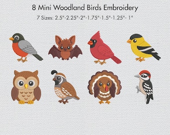 Mini Woodland Birds Embroidery Bundle, Bird Embroidery Designs, Forest Animal Machine Embroidery Files, Owl Cardinal Robin Quail 7 sizes