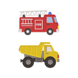Puede incluir: Dise&ntilde;os bordados de un cami&oacute;n de bomberos rojo con una escalera y la palabra "FIRE", y un cami&oacute;n volquete amarillo. Ambos veh&iacute;culos tienen ruedas negras y est&aacute;n sobre un fondo blanco. Los dise&ntilde;os son probablemente para ropa o manualidades infantiles.