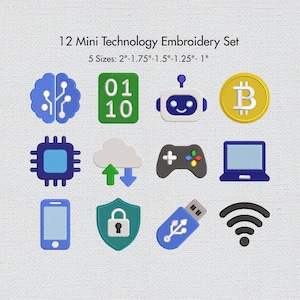 Op de afbeelding: Een set van 12 mini-borduurontwerpen met technologie. De ontwerpen omvatten een hersen, binaire code, een robot, een Bitcoin-symbool, een CPU, een cloud met upload/download pijlen, een gamecontroller, een laptop, een smartphone, een schild met een slot, een USB-stick en een Wi-Fi-symbool. 5 maten.