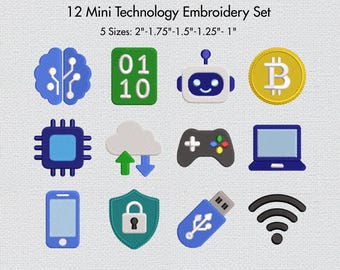 Mini Technology Icons Embroidery Designs Bundle 12 Icons Coding AI Gaming Crypto Symbols Laptop Wifi USB Machine Embroidery Set 5 Sizes