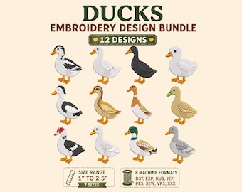 12 Mini Domestic Ducks Embroidery Bundle, Farm Animal Machine Embroidery Designs, Poultry Bird Embroidery Files, 7 Sizes