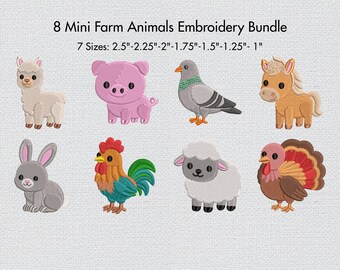 Cute Farm Animals Embroidery Bundle Baby Animal Designs Pig Sheep Rooster Turkey Rabbit Alpaca Pony Barnyard Mini Set 7 Size Digital Files