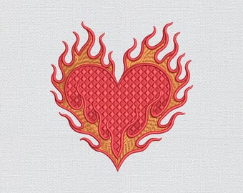 Heart On Fire Machine Embroidery Design, Flaming Heart Valentine's Day Pattern, 6 Sizes, 8 Formats