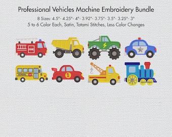 Professional Vehicles Embroidery Designs Bundle, 8 Mini Cars Machine Embroidery Files For Boys Truck Pattern 8 Size