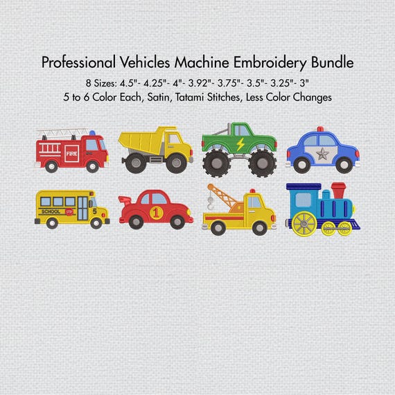 Professional Vehicles Embroidery Designs Bundle, 8 Mini Cars Machine Embroidery Files For Boys Truck Pattern 8 Size