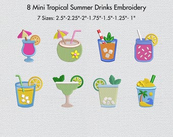 8 Mini Summer Drinks Embroidery Designs Bundle, Tropical Cocktail Machine Embroidery Files, Beach Party Mini Drink  Embroidery Set 7 Sizes