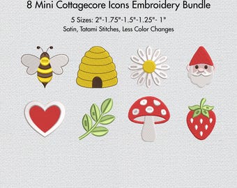Cottagecore Embroidery Design Bundle, 8 Spring Icons Mushroom Strawberry Bee Pes Embroidery Files, Mini Machine Embroidery Set
