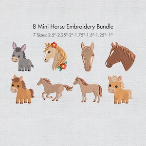 Pode incluir: Um conjunto de bordados com oito desenhos de mini cavalos, incluindo um burro, em várias poses e cores. O texto indica sete tamanhos, variando de 6,35 cm a 2,54 cm. Os desenhos incluem uma cabeça de cavalo com flores.