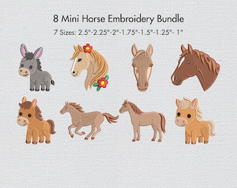 Mini Horse Embroidery Designs Bundle Farm Animal Donkey Pattern Set Cute Pony Horse Embroidery Design Collection Animal Embroidery 7 Sizes
