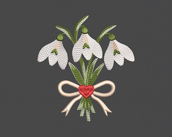 Snowdrop Bouquet Embroidery Design | Floral Heart & Bow Machine Embroidery File Winter Pattern 7 Sizes