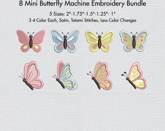 Mini Butterfly Embroidery Design Bundle 8 Small Butterflies Machine Embroidery Files 5 sizes each