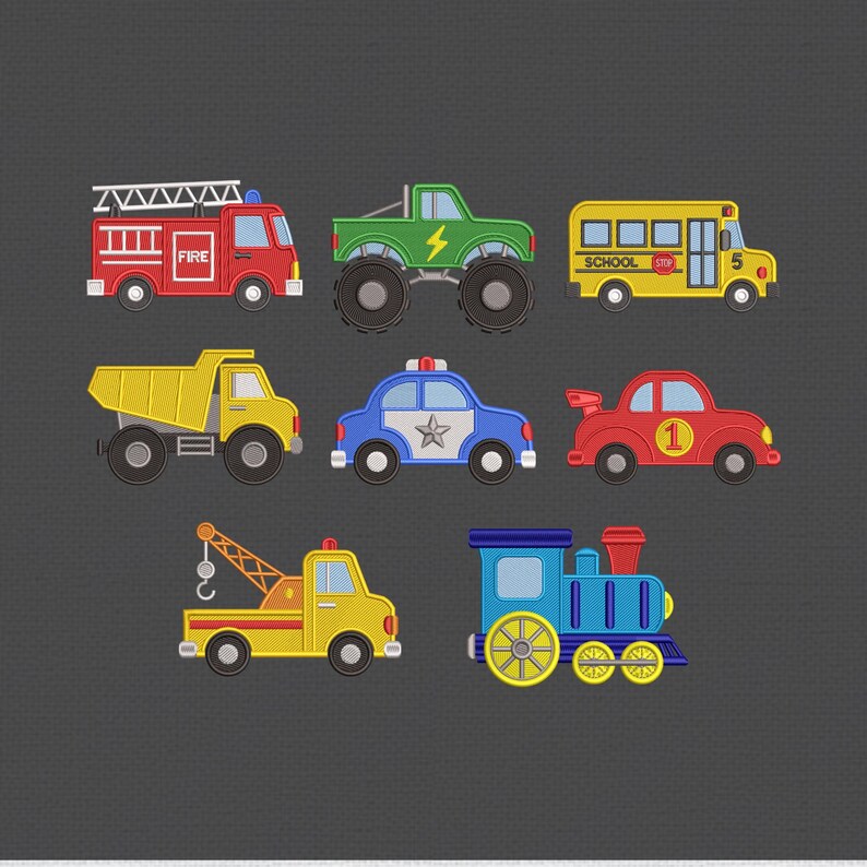 Puede incluir: Colecci&oacute;n de veh&iacute;culos de dibujos animados coloridos, incluyendo un cami&oacute;n de bomberos rojo, un monster truck verde, un autob&uacute;s escolar amarillo, un cami&oacute;n volquete amarillo, un coche de polic&iacute;a azul, un coche de carreras rojo, una gr&uacute;a amarilla y un tren azul.