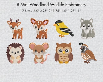 Mini Woodland Wildlife Embroidery Bundle, 8 Forest Animal Bird Designs, Machine Embroidery Files, 7 Sizes