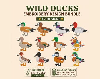 12 Wild Duck Embroidery Designs Bundle, Hunting Bird Machine Embroidery Files, Woodland Waterfowl Mini Duck Pattern, 5 Sizes Set