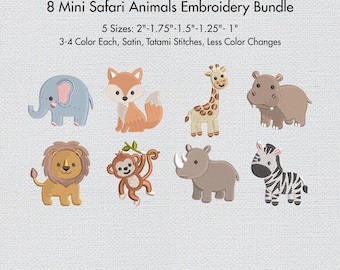 Mini Safari Animals Embroidery Bundle of 8 Cute Baby Jungle Animals Embroidery Baby Embroidery Forest Animal embroidery 5 Size