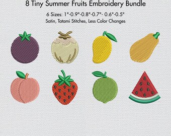 Tiny Summer Fruits Embroidery Design Bundle Mini Fruit Machine Embroidery Files Strawberry Peach Watermelon Pattern Set Digital Download