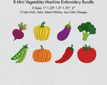 8 Mini Vegetable Embroidery Design Bundle, Small Veggies Machine Embroidery Set, Food Pattern Pes 5 Sizes
