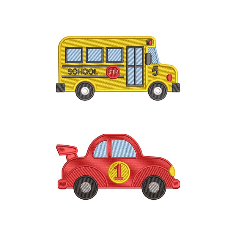 Puede incluir: Dise&ntilde;os bordados de un autob&uacute;s escolar amarillo y un coche de carreras rojo. El autob&uacute;s escolar tiene las palabras "SCHOOL" y "STOP". El coche de carreras tiene el n&uacute;mero "1" en el lateral.