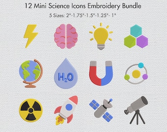 Mini Science Embroidery Bundle STEM Icons School Designs Brain Atom Rocket Telescope Magnet Educational Embroidery Set 5 Sizes