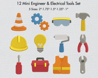 Mini Engineer Tools Embroidery Bundle, Electrician Embroidery Files, Construction Tool Machine Embroidery Designs 5 Sizes