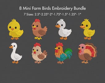 Farm Animals Embroidery Bundle Mini Chicken Duck Rooster Turkey Designs Cute Farm Birds Baby Kids Machine Embroidery Set 7 Size Digital File