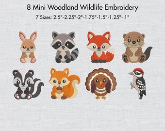 Mini Woodland Wildlife Embroidery Bundle, 8 Forest Animal Bird Designs, Mini Animals Machine Embroidery Files, 7 Sizes
