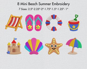 Mini Beach Embroidery Bundle, Summer Embroidery Designs set, Coastal Embroidery Machine Embroidery Files, Beach Icons 7 size