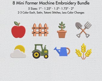 Mini Farmer Machine Embroidery Designs Bundle Of 8 Farm Mini Embroidery Set with Tractor Apple Wheat, 5 Sizes