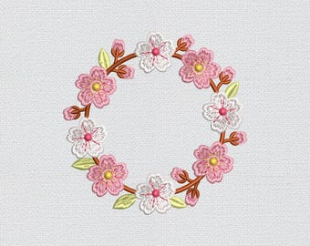 Cherry Blossom Wreath Embroidery Design, Valentine's Day Floral Machine Embroidery Pattern, 7 Sizes, Instant Download