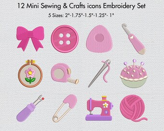 Mini Sewing & Crafts Icons Embroidery Bundle, 12  Sewing Machine Crafts Embroidery Designs, Crochet Quilting Yarn Files 5 Sizes Digital File